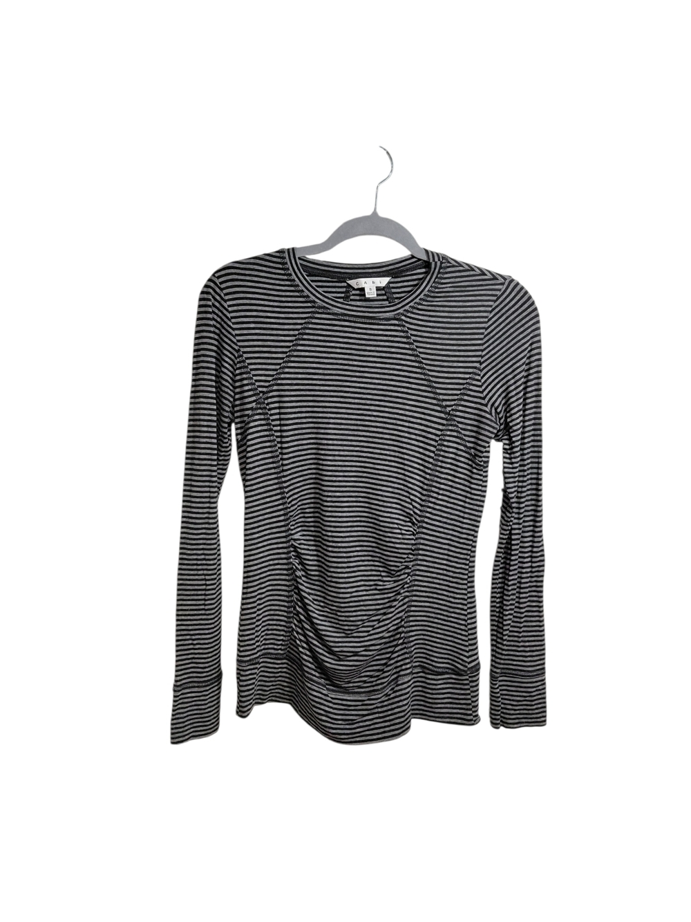 CAbi Black & White Striped Long-Sleeve Ruched Tee